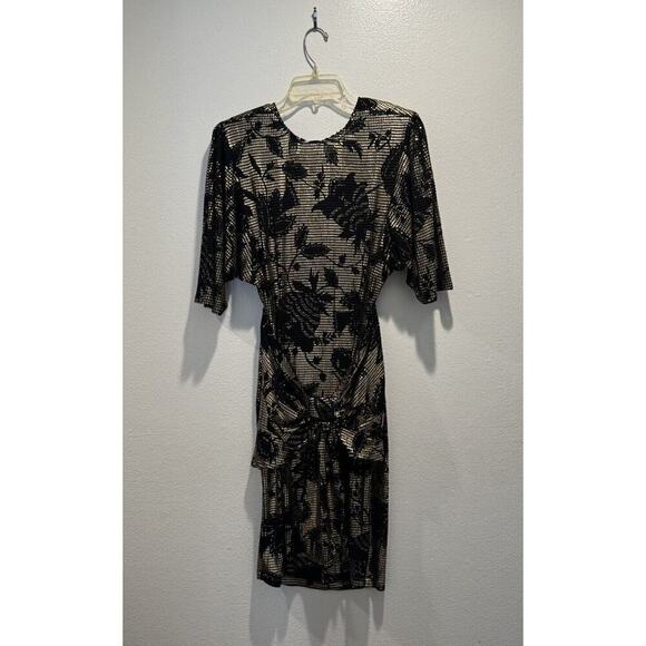 Vintage Janine Medium Gold Black Floral Cocktail Dress Open Back Mosaic Retro - Picture 1 of 16